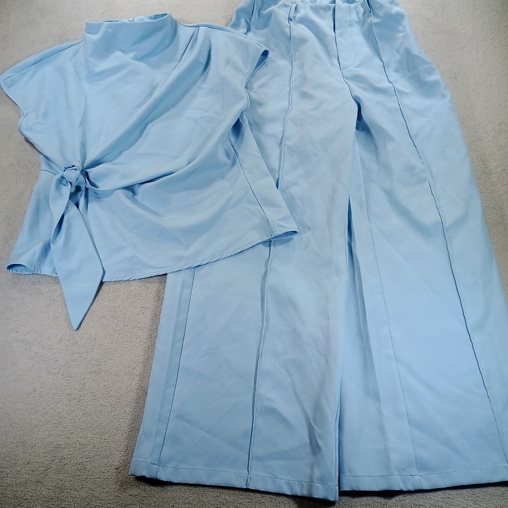 YOZY Women Two Piece Set Light Blue Size M Tie Front Top Wide Leg Pants